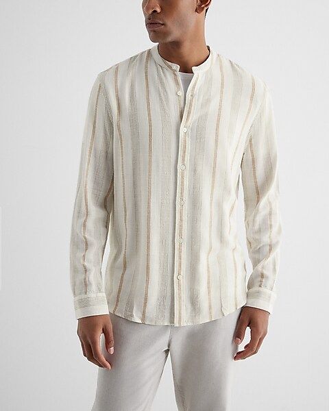 Striped Banded Collar Stretch Linen-Blend Shirt | Express