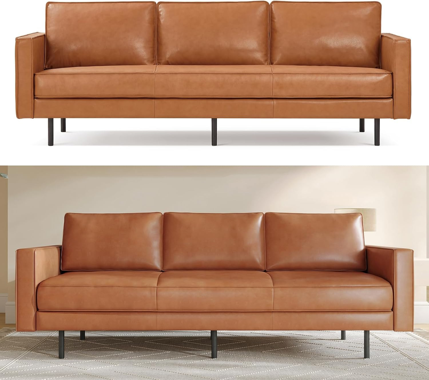 Valencia Varese 90" Full Leather Couch Cognac Tan Brown- Italian Nappa Leather Modern Cloud Couch for Living Room/Apartment Furniture | Amazon (US)