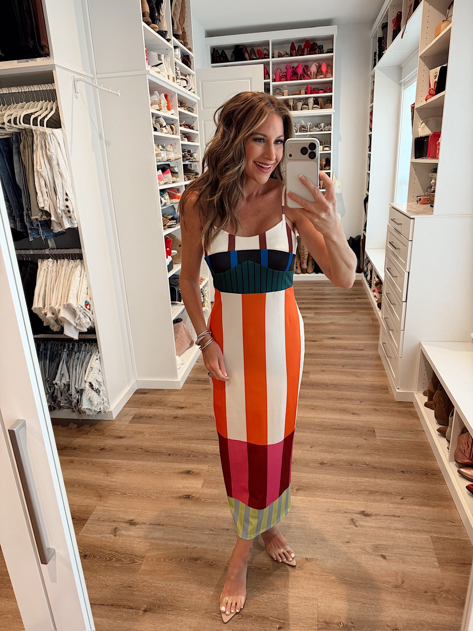 In a medium colorful maxi, heels and accessories- fits tts. 

#LTKootd #LTKWedding #LTKSeasonal