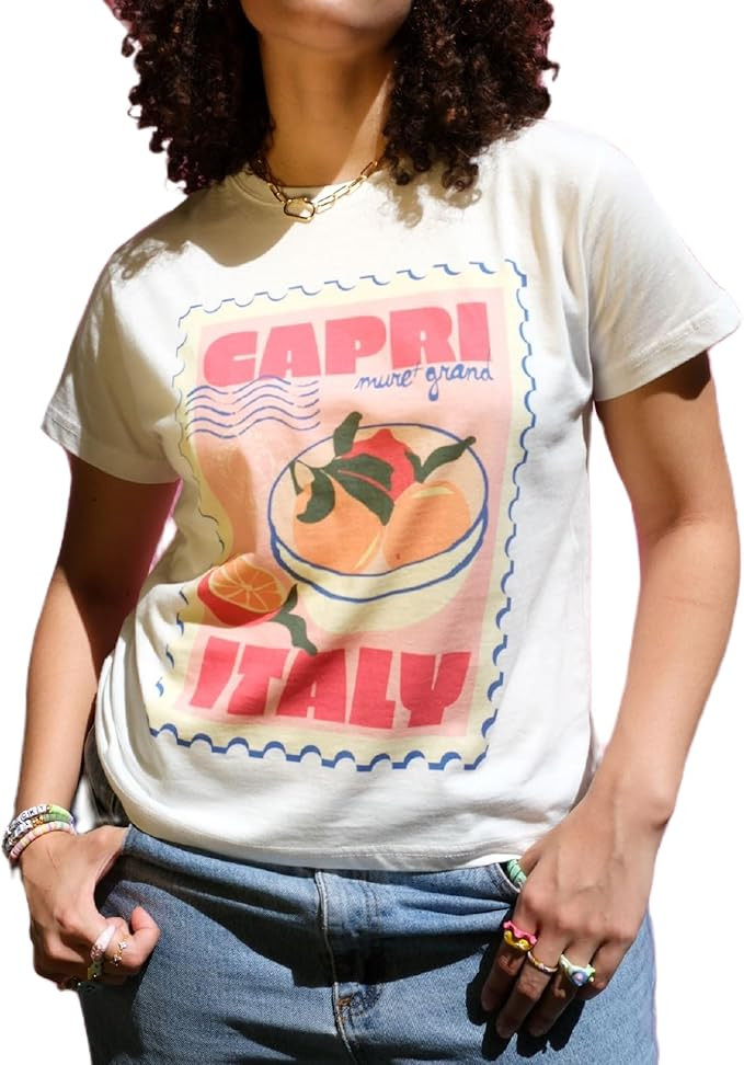 Women Graphic Oversized Tee Y2k Fruit Print Short Sleeve White Top Crewneck Cute Aesthetic Tee Sh... | Amazon (US)