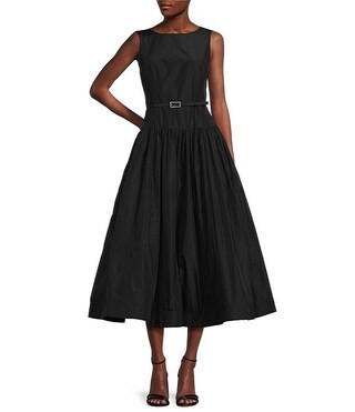 KARL LAGERFELD PARIS Taffeta Round Neck Sleeveless Drop Waist Belted Dress | Dillard's | Dillard's