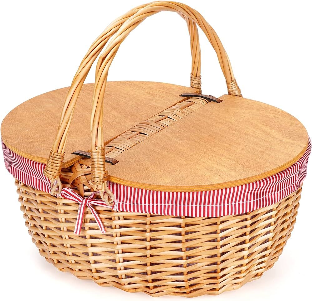 Wicker Picnic Basket with Liner, Wooden Split Lid Picnic Basket, Vintage-Style Wicker Picnic Hamp... | Amazon (US)