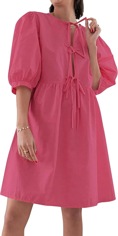 Women's Summer Dresses Tie Up Puff Sleeve Midi Dress Crew Neck Loose Fit Casual Y2K Beach Party D... | Amazon (US)