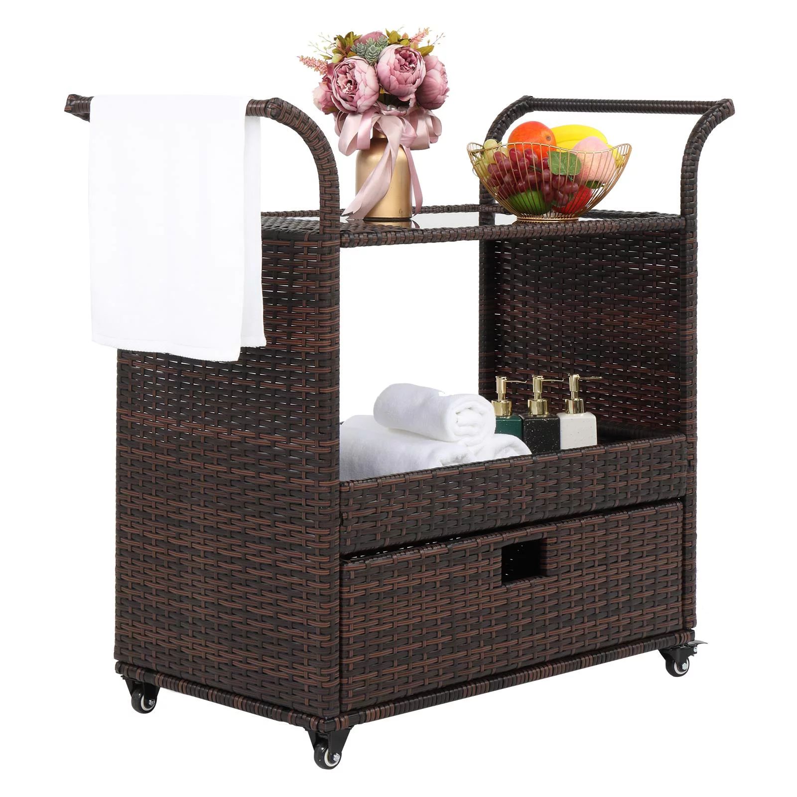 Zimtown Patio Outdoor Wicker Serving Bar Cart, Brown, Outdoor Rattan Cart with Wheels for Weather... | Walmart (US)