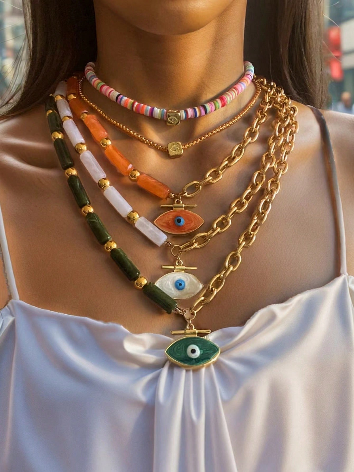 Soft Ceramic Devil's Eye Necklace, Colorful Beaded Chain Necklace For Women, Suitable For Daily W... | SHEIN