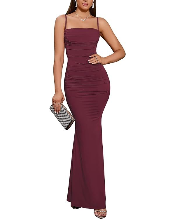 Women's Sleeveless Bodycon Corset Maxi Dress Spaghetti Strap Ruched Elegant Evening Party Long Dr... | Amazon (US)