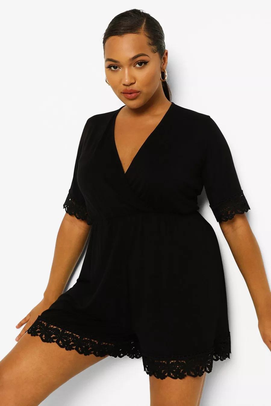 Plus Crochet Trim Wrap Over Playsuit | Boohoo.com (UK & IE)