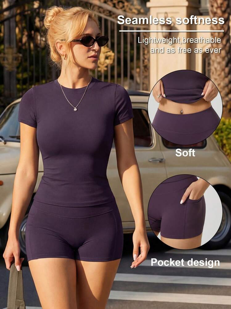 Women's Fashion Round Neck Short Sleeve T-Shirt And Side Pocket Sports Shorts Set Summer | SHEIN
