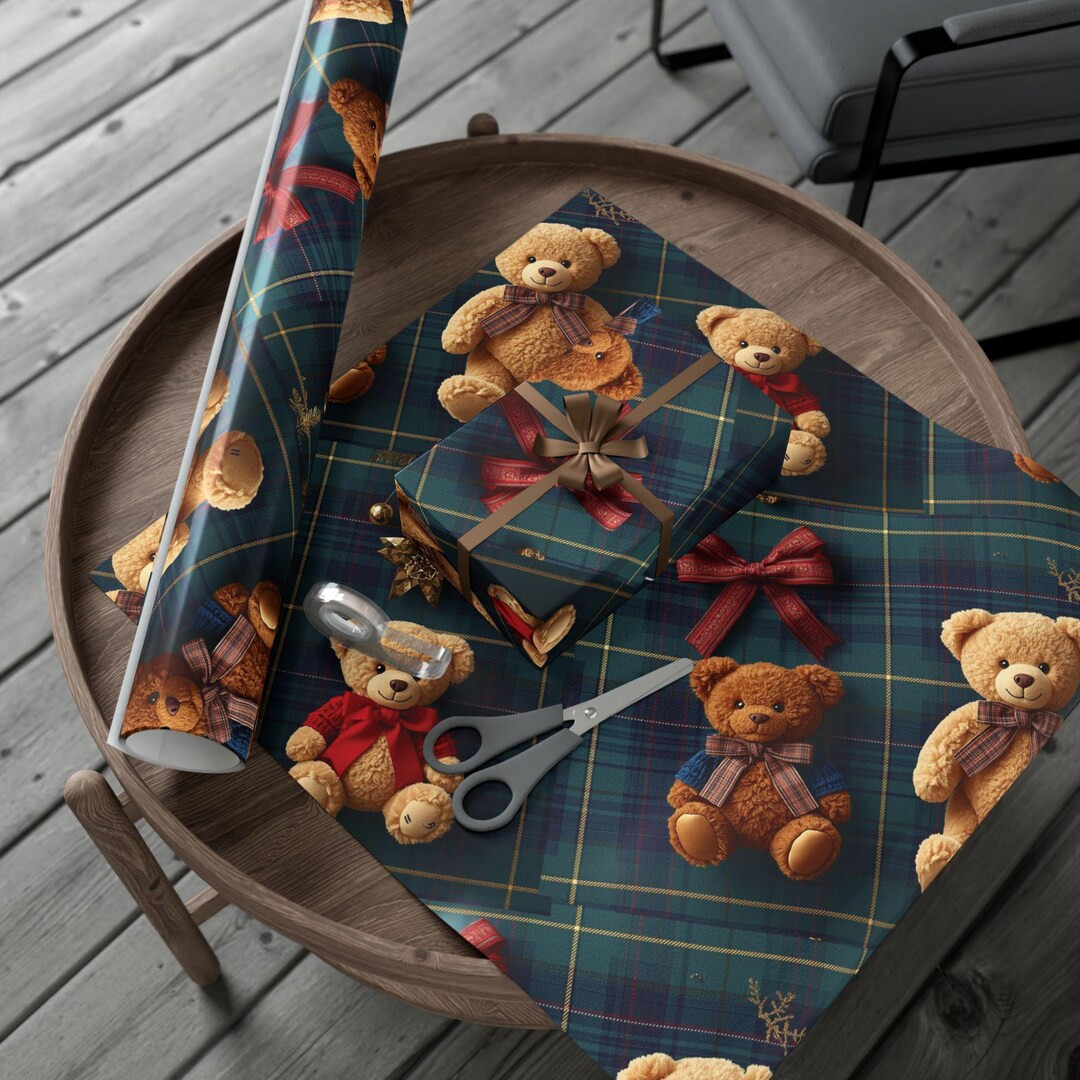 Polo Ralph Lauren Inspired Teddy Bear Gift Wrap - Plaid Holiday Wrapping Paper - Etsy | Etsy (US)