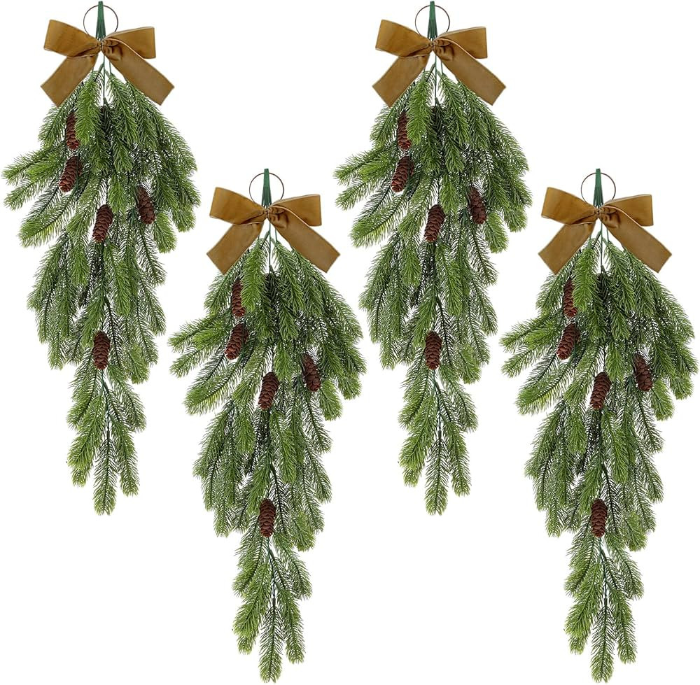 4 Pack Christmas Teardrop Swags Winter Rustic Pine Needles Swag with Pine Cones Velvet Bow Artifi... | Amazon (US)