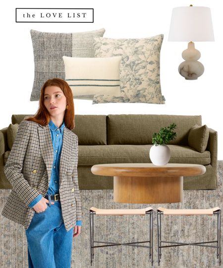 Cozy living room for fall // moss green slip covered sofa, throw pillows, alabaster table lamp, mid century coffee table, leather stool, plaid blazer 

#LTKSeasonal #LTKhome