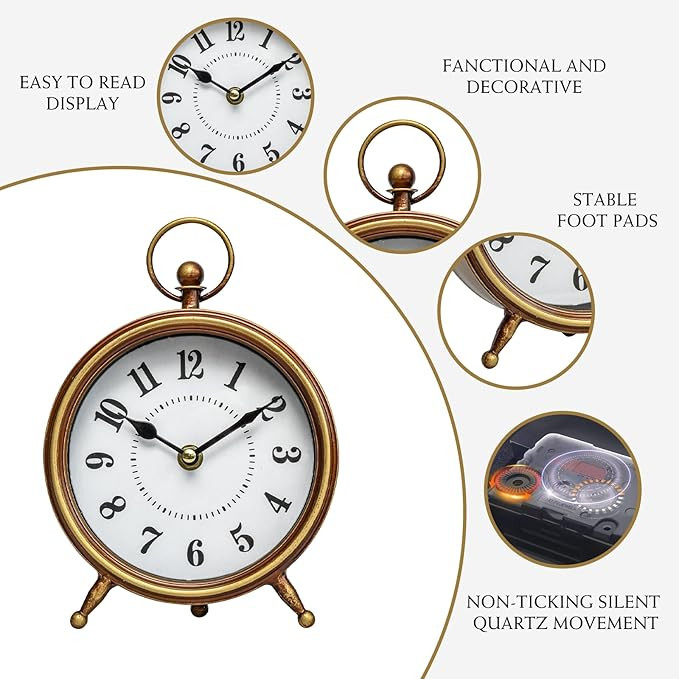 Small Gold Table and Shelf Desk Clock,Vintage Small Table Clock on Stand, Decorative Desk and She... | Amazon (US)