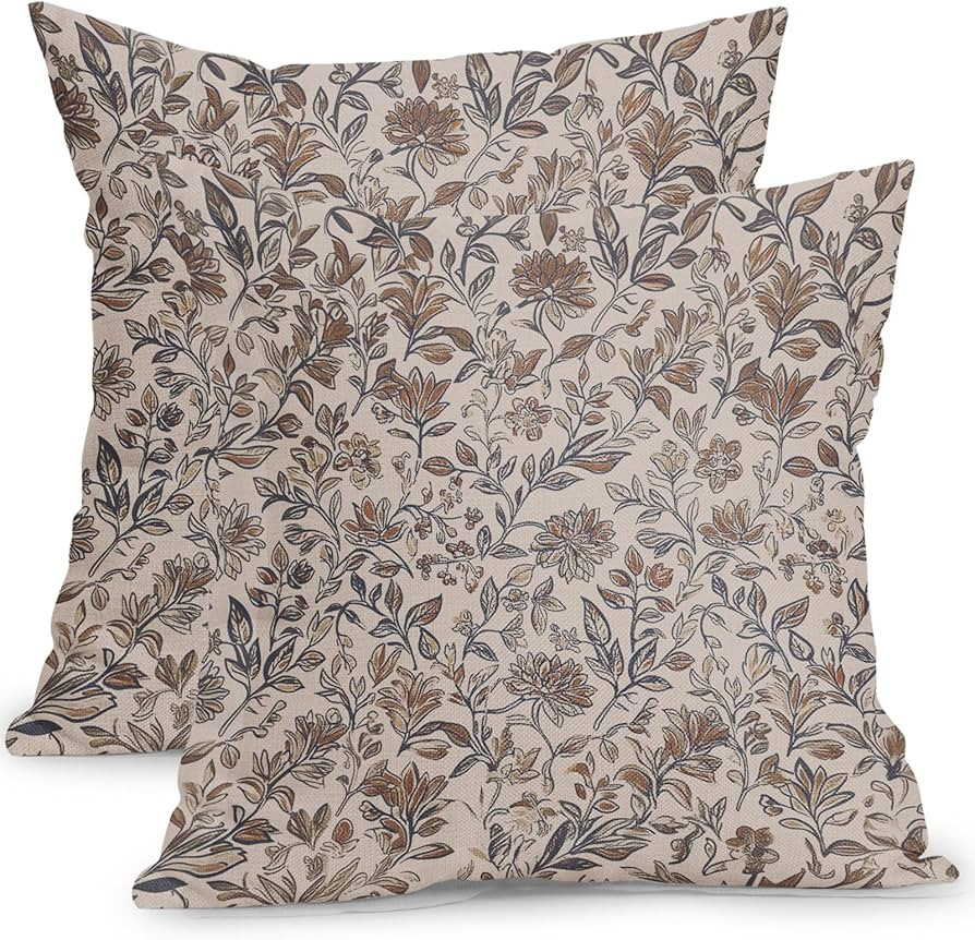 Vintage Floral Pillow Covers 18x18 Inch Set of 2 Antique Flower Block Print Throw Pillow Covers B... | Amazon (US)