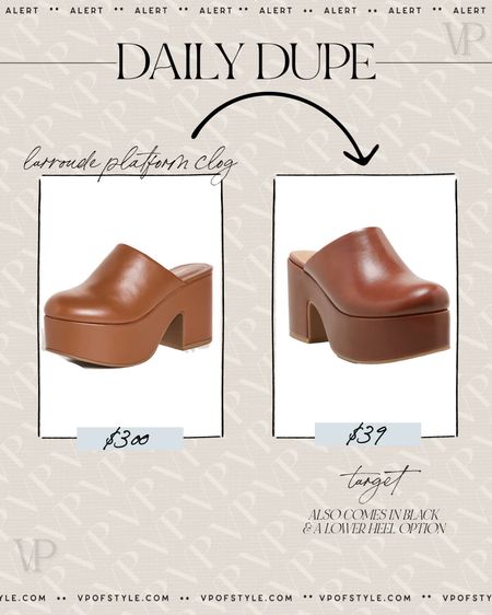 Daily dupe. Target platform clog compared to the $300 designer version. Also comes in black and a lower heel version. Fall shoes 

#LTKstyletip #LTKshoecrush #LTKfindsunder50