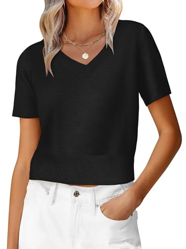 ANRABESS Womens Short Sleeve Sweaters Cropped V Neck Business Casual Lightweight Sweater Tops Sum... | Amazon (US)