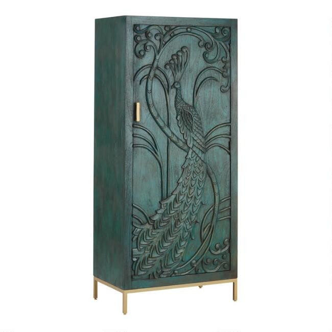 CRAFT Teal Carved Wood Peacock Storage Cabinet | World Market