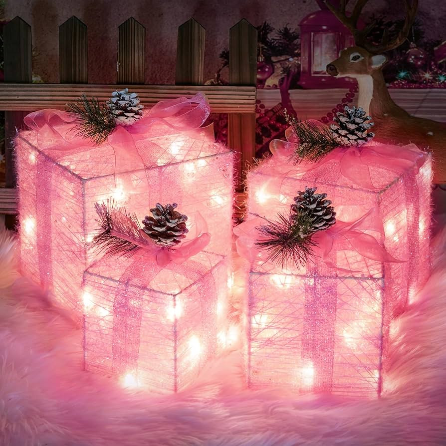 Set of 4 Pink Christmas Lighted Gift Boxes, Pre-lit Light up Present Set with Different Sizes for... | Amazon (US)