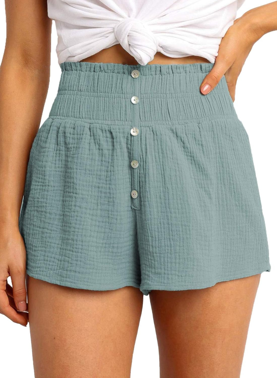 Dokotoo Womens Casual Summer Smocked Elastic Waist Comfy Button Detail Beach Shorts | Amazon (US)