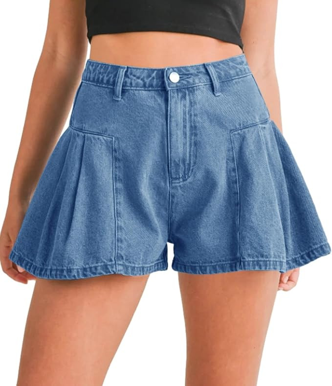 PLNOTME Womens Pleated Jean Shorts High Waisted Flare Wide Leg Summer Denim Shorts | Amazon (US)