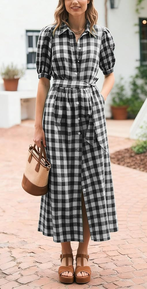 CHARTOU Women Summer Plaid Puff Short Sleeve Dress Button Down Long Shirt Dress with Belt | Amazon (US)