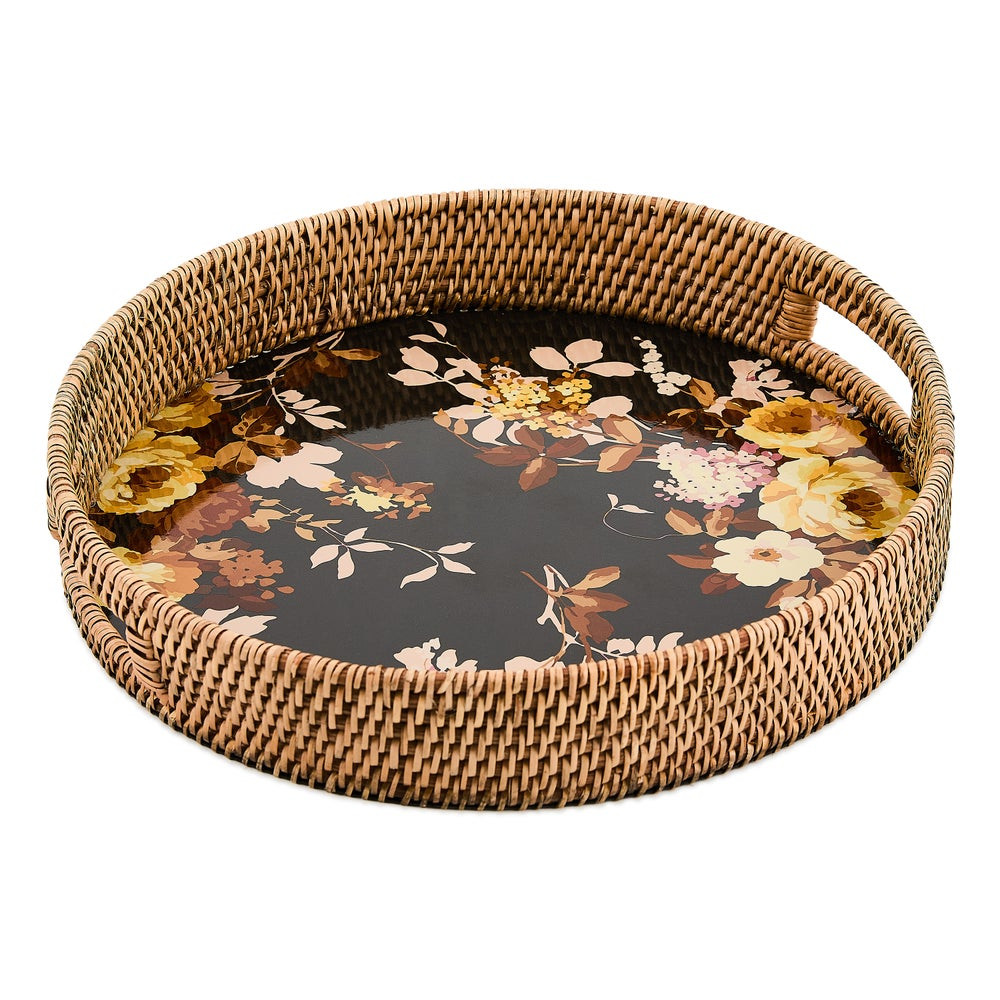 Wild Rose Brown Enamel & Rattan Round Serving Tray | MacKenzie-Childs