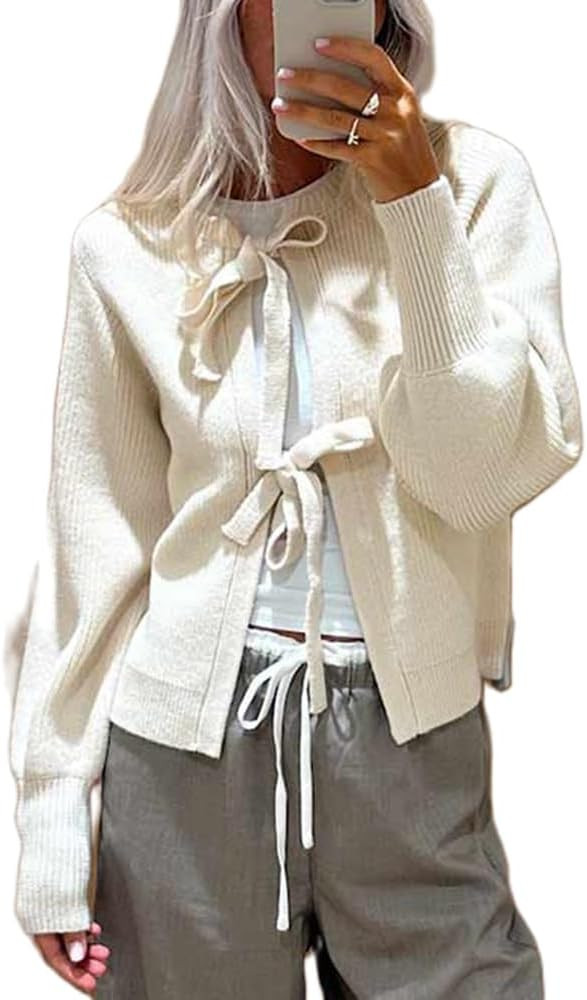 Women Tie Front Cardigan Sweater Cute Ribbon Lace Up V Neck Long Sleeve Knit Top Fall Going Out B... | Amazon (US)