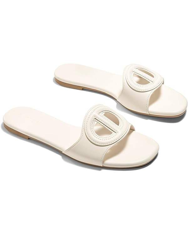 Coutgo Women's Open Toe Leather Summer Slide Sandals | Leather, Dressy, Slip on, Open Toe, Summer... | Amazon (US)