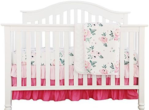 Pink Floral Ruffle Baby Minky Blanket Water Color, Pink Floral Nursery Crib Skirt Set Baby Girl C... | Amazon (US)