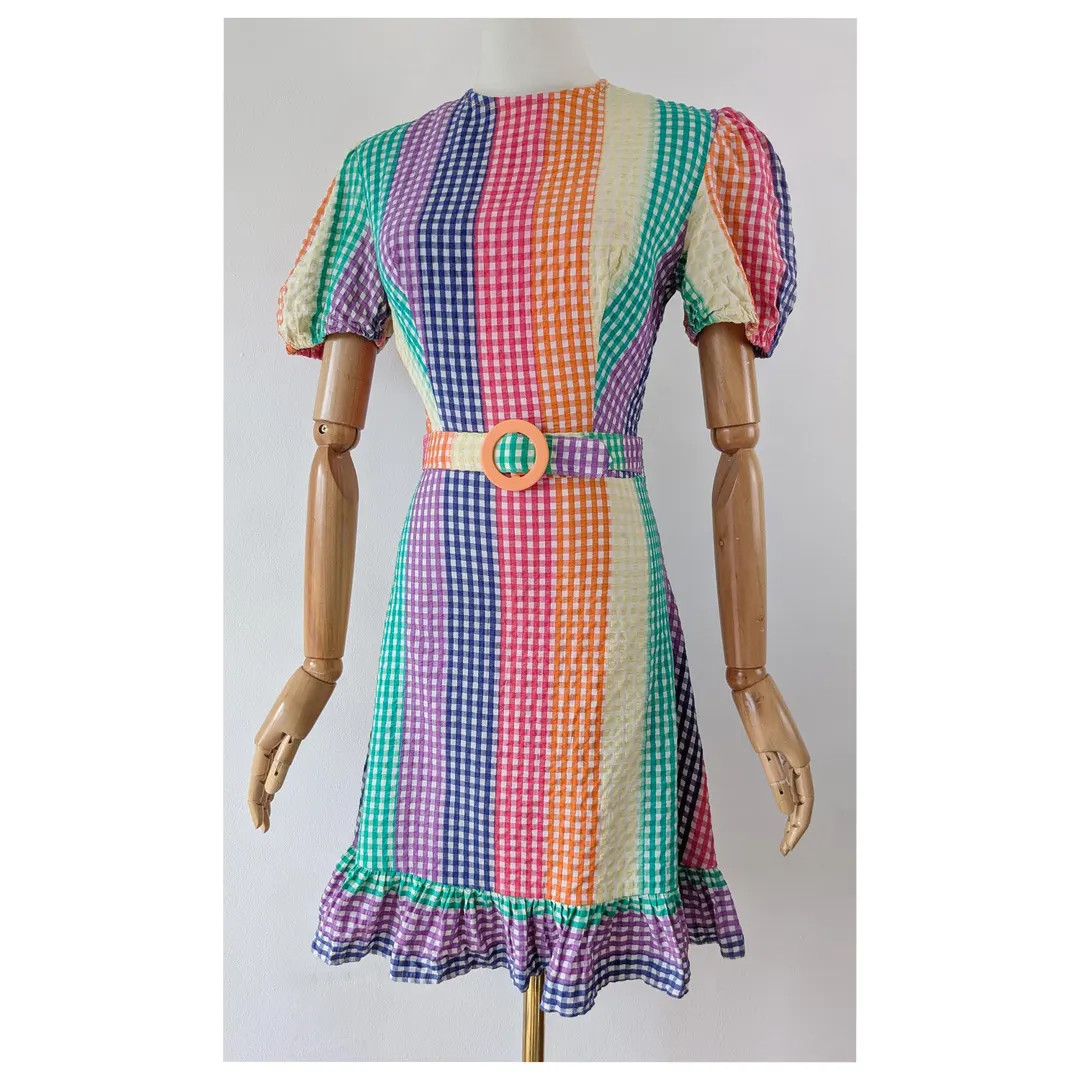 1960s Rainbow Gingham Dress With Ruffle Hem and Puff Sleeve by Shubette - Etsy | Etsy (US)