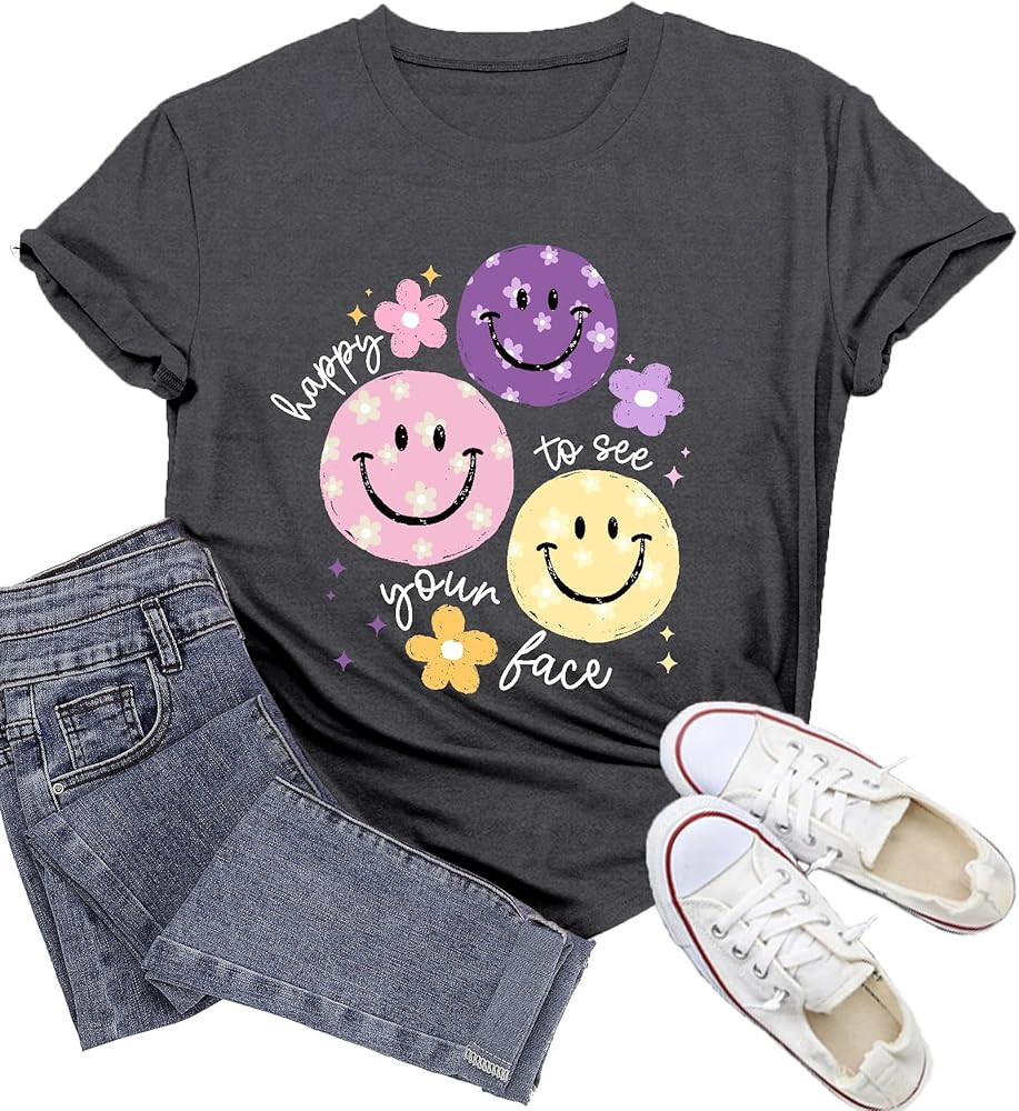 Womens Teacher Shirts Smile Faces T-Shirt for Teacher Happy to See Your Face Tee Tops | Amazon (US)