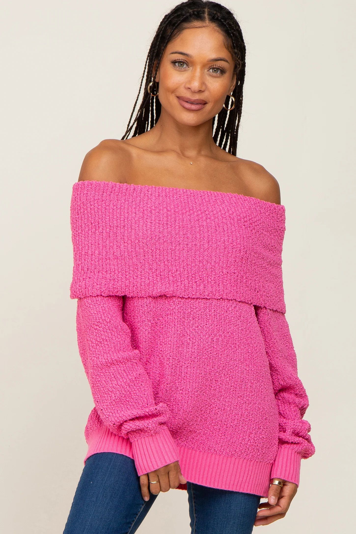 Fuchsia Foldover Off Shoulder Sweater | PinkBlush Maternity