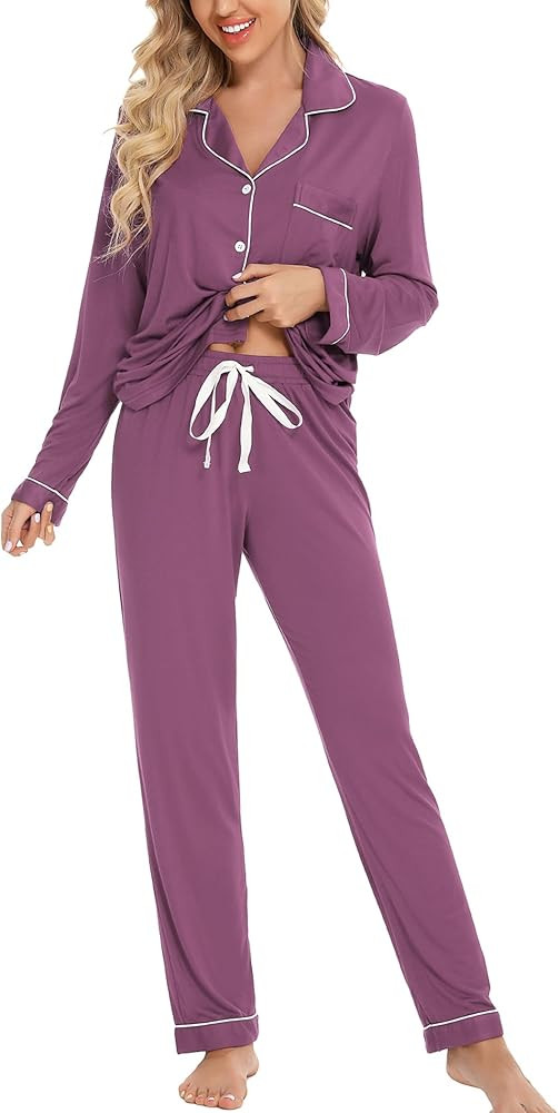 Leikar Button Up Pajama Set For Women Long Sleeve Shirt And Pajama Pants Soft Pjs Lounge Sets | Amazon (US)