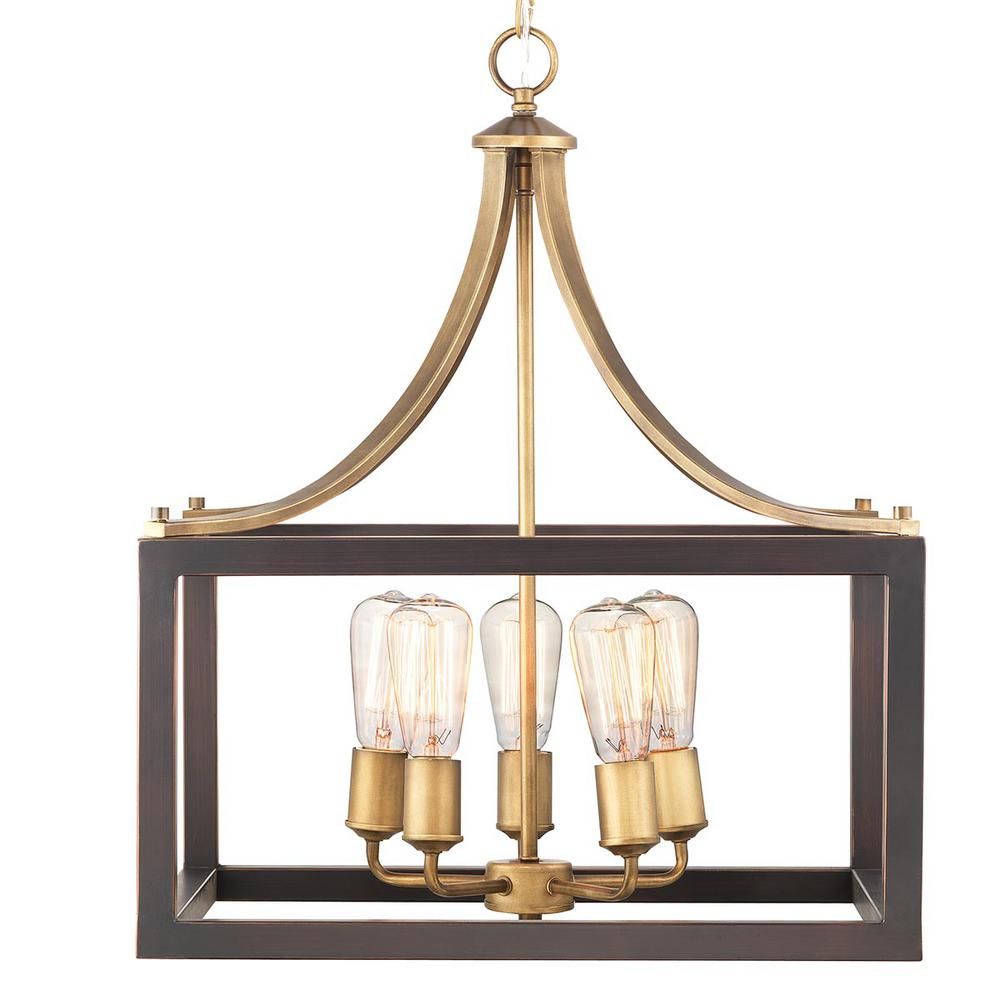 Progress Lighting Boswell Quarter 5-Light Vintage Brass Pendant with Painted Black Distressed Woo... | The Home Depot