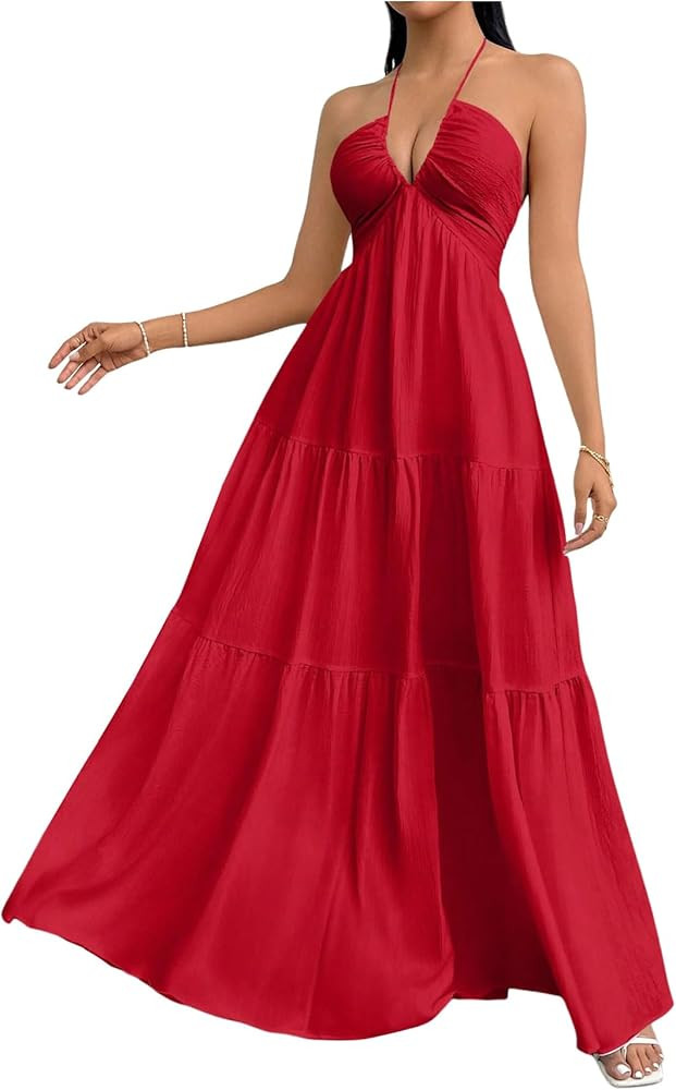 SHENHE Women's Deep V Neck Tie Knot Backless Halter Dress A Line Flowy Ruffle Maxi Dress | Amazon (US)