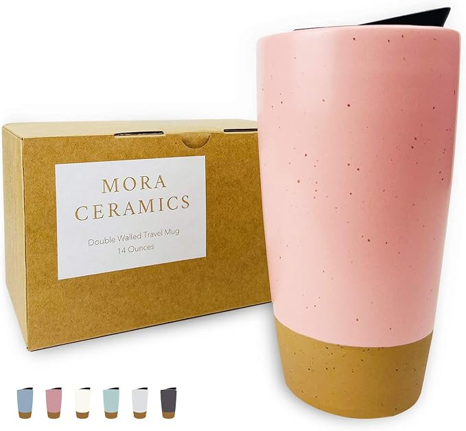 Mora Double Wall Ceramic Coffee Travel Mug with Lid, 14 oz, Portable, Microwave, Dishwasher Safe,... | Amazon (US)