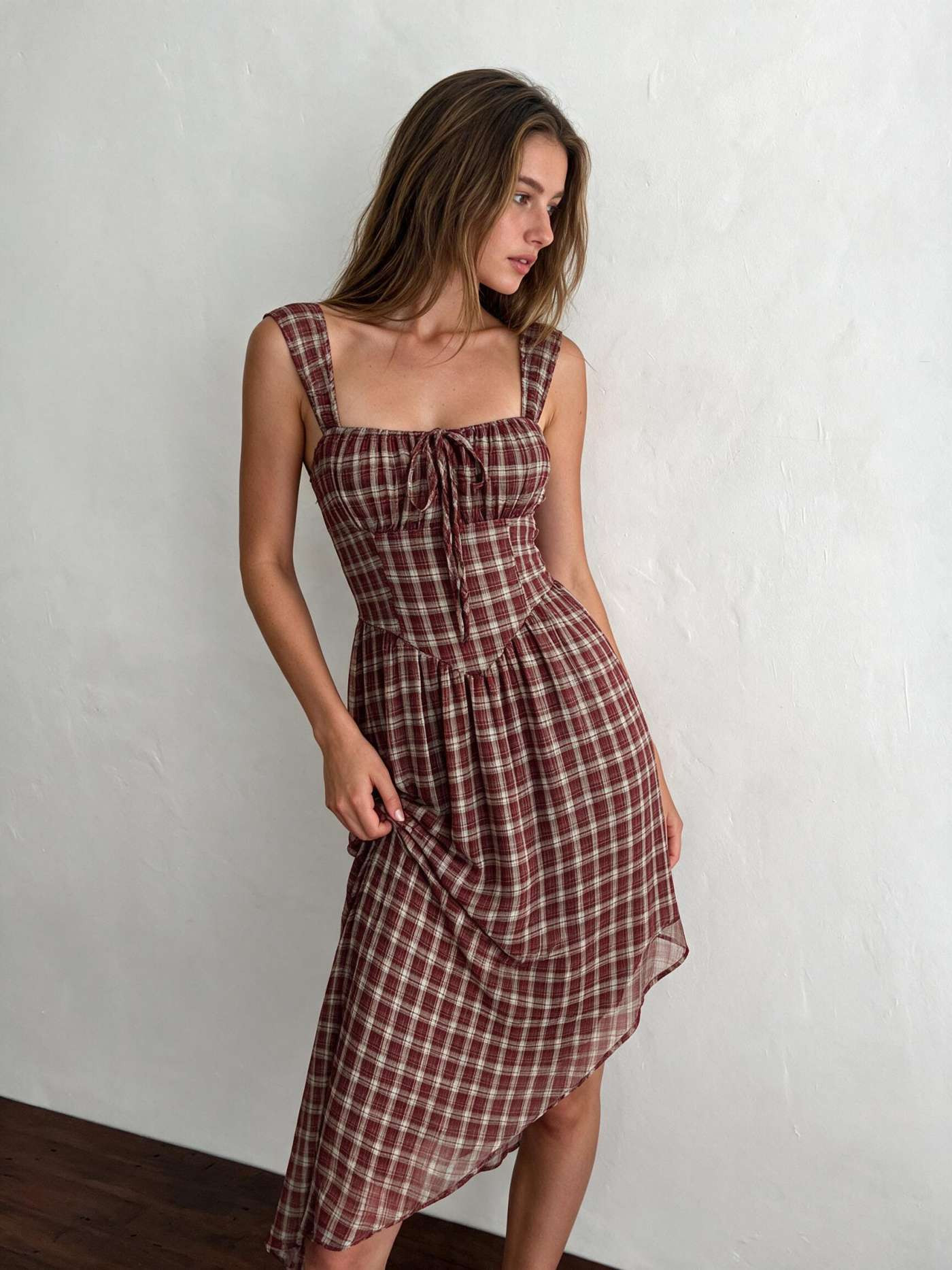 Chiffon Chiffon Plaid Square Neck Tie Front Asymmetrical A-line Midi Dress For Daily Casual Music... | Cider
