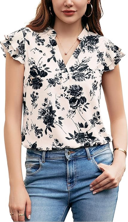 Sucolan Women's Summer Tops Dressy Casual Notch V Neck Ruffle Short Sleeve Flowy Shirts Cute Blou... | Amazon (US)