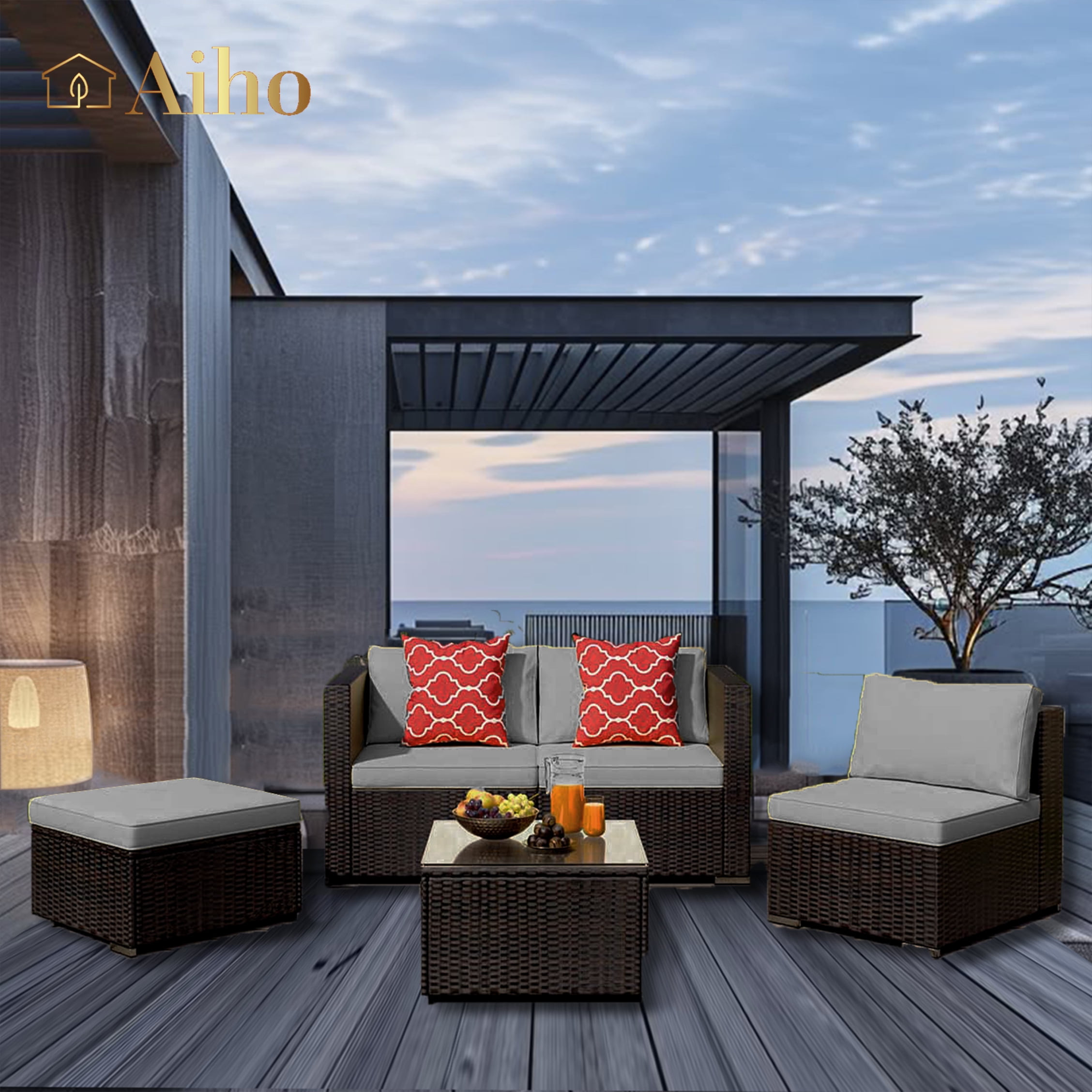 Aiho 5-Piece PE Rattan Patio Furniture Set, Outdoor Sectional Sofa with Cushion, Gray | Walmart (US)