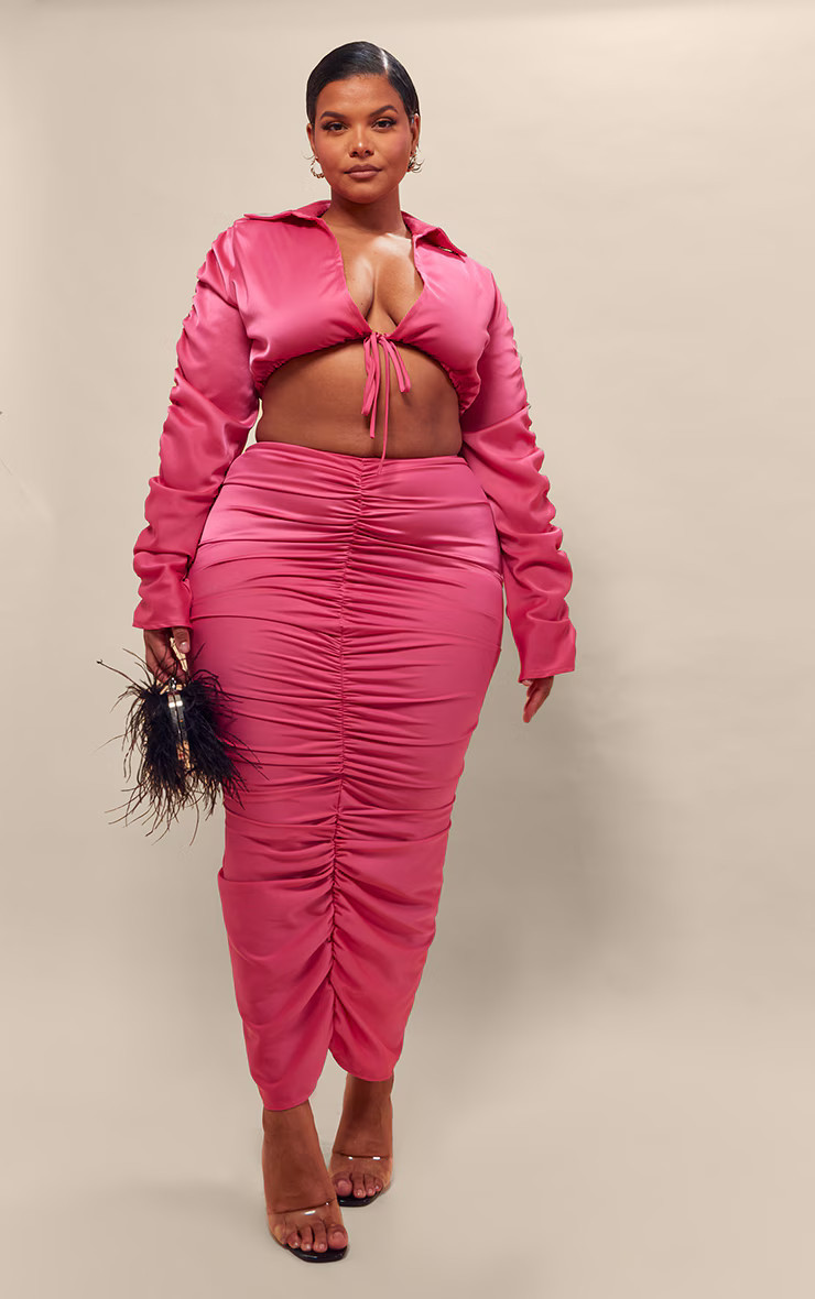 Plus Fuchsia Ruched Satin Midaxi Skirt | PrettyLittleThing US