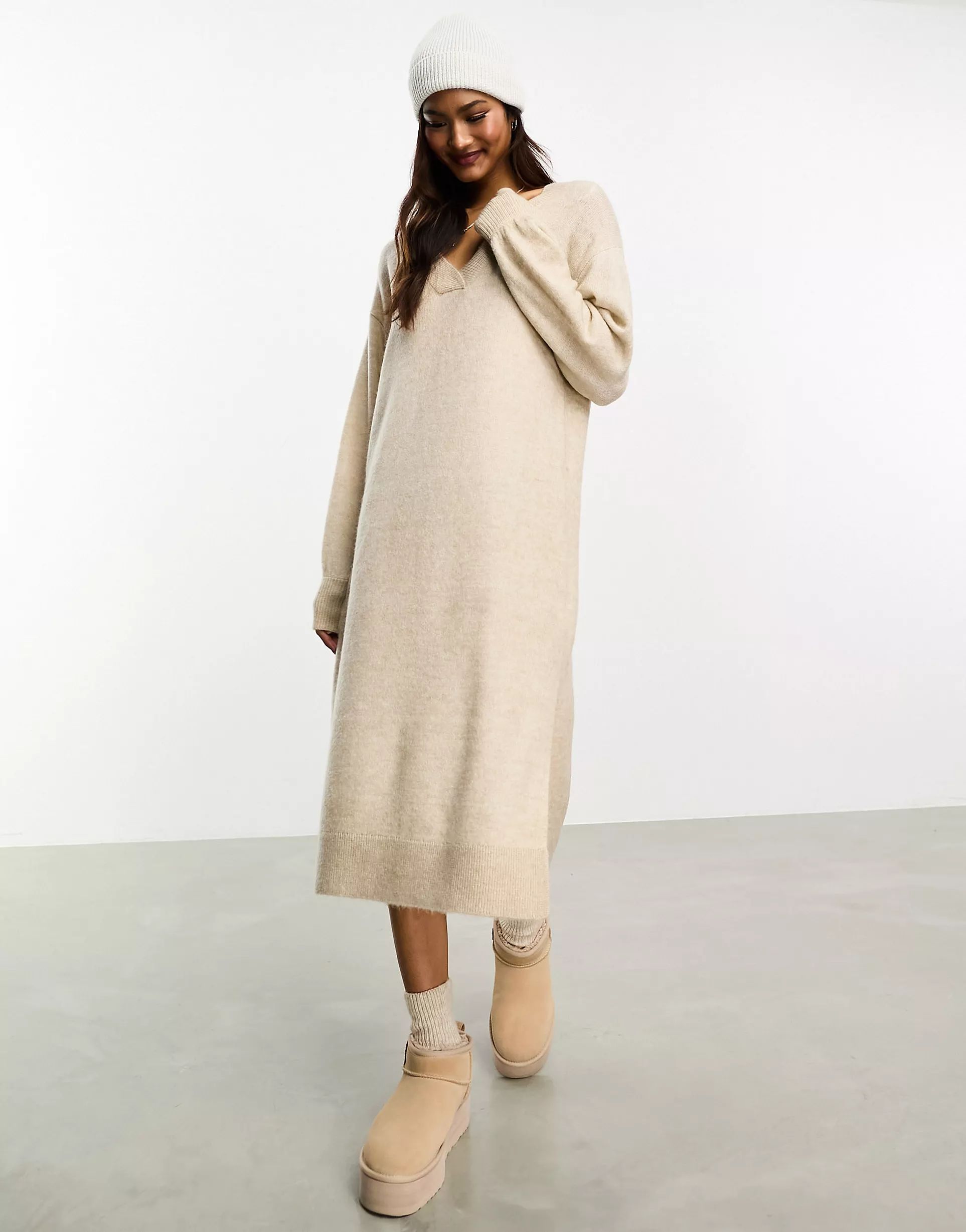 Y.A.S v neck knitted sweater dress in oatmeal | ASOS (Global)
