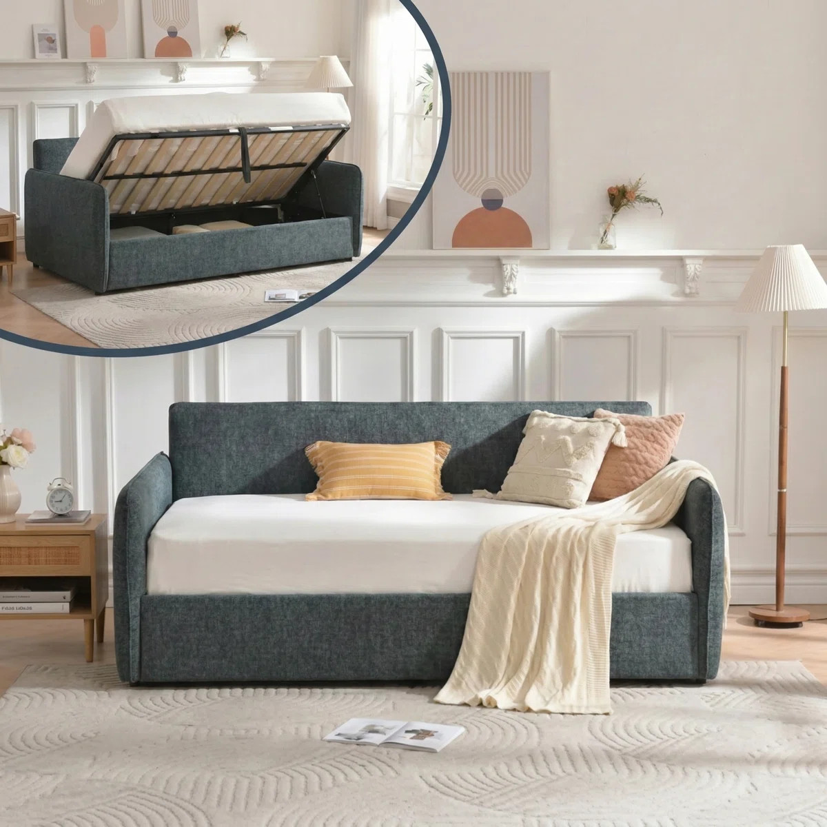 Modern Linen Daybed With Pneumatic Lift-Up Storage, No Box Spring Needed, Green | Wayfair North America