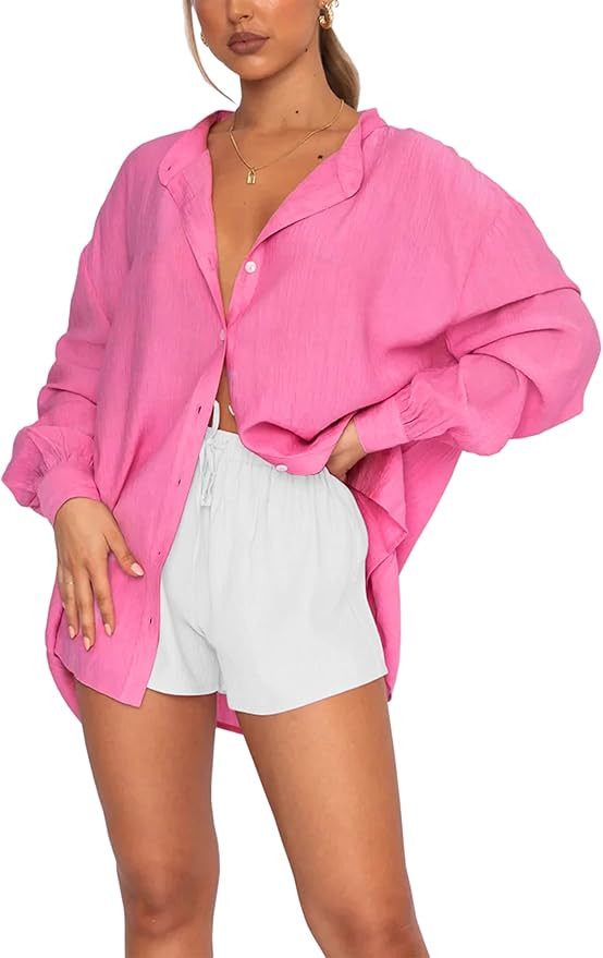 Viwedo Women Long Sleeve Beach Shirt Button Down Blouse Bathing Suit Cover Up | Amazon (US)