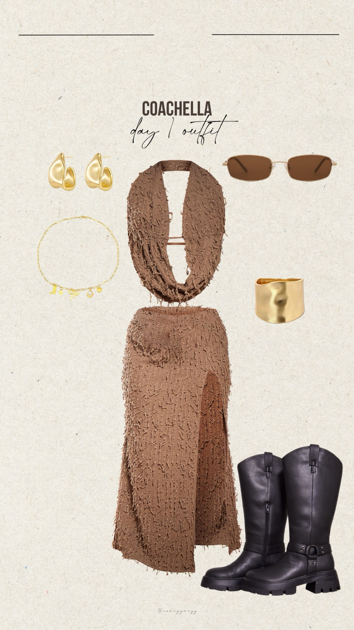 Coachella outfit inspo!🫶🏼

Coachella outfit. Brown matching set. Gold accessories. Biker boots. 

#LTKFestival #LTKstyletip #LTKmidsize