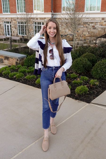 Casual spring outfit / spring staples / straight jeans / white button up shirt / amazon finds / candy necklaces / preppy / mules / Gucci loafers look for less / striped sweater / brown sunglasses 

#LTKfindsunder100 #LTKSeasonal #LTKfindsunder50