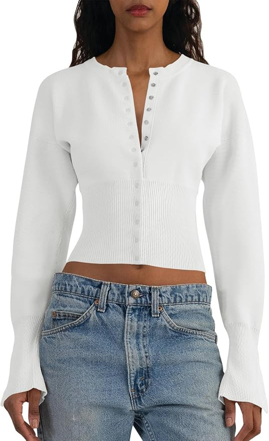 Saodimallsu Womens Cropped Sweaters Button Down Long Sleeve V Neck Ribbed Knit Slim Fit Pullover ... | Amazon (US)