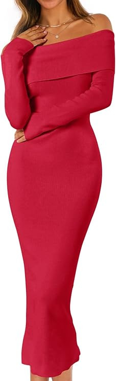 MEROKEETY Women's Fall Off Shoulder Bodycon Sweater Dress 2025 Formal Long Sleeve Elegant Club Pa... | Amazon (US)