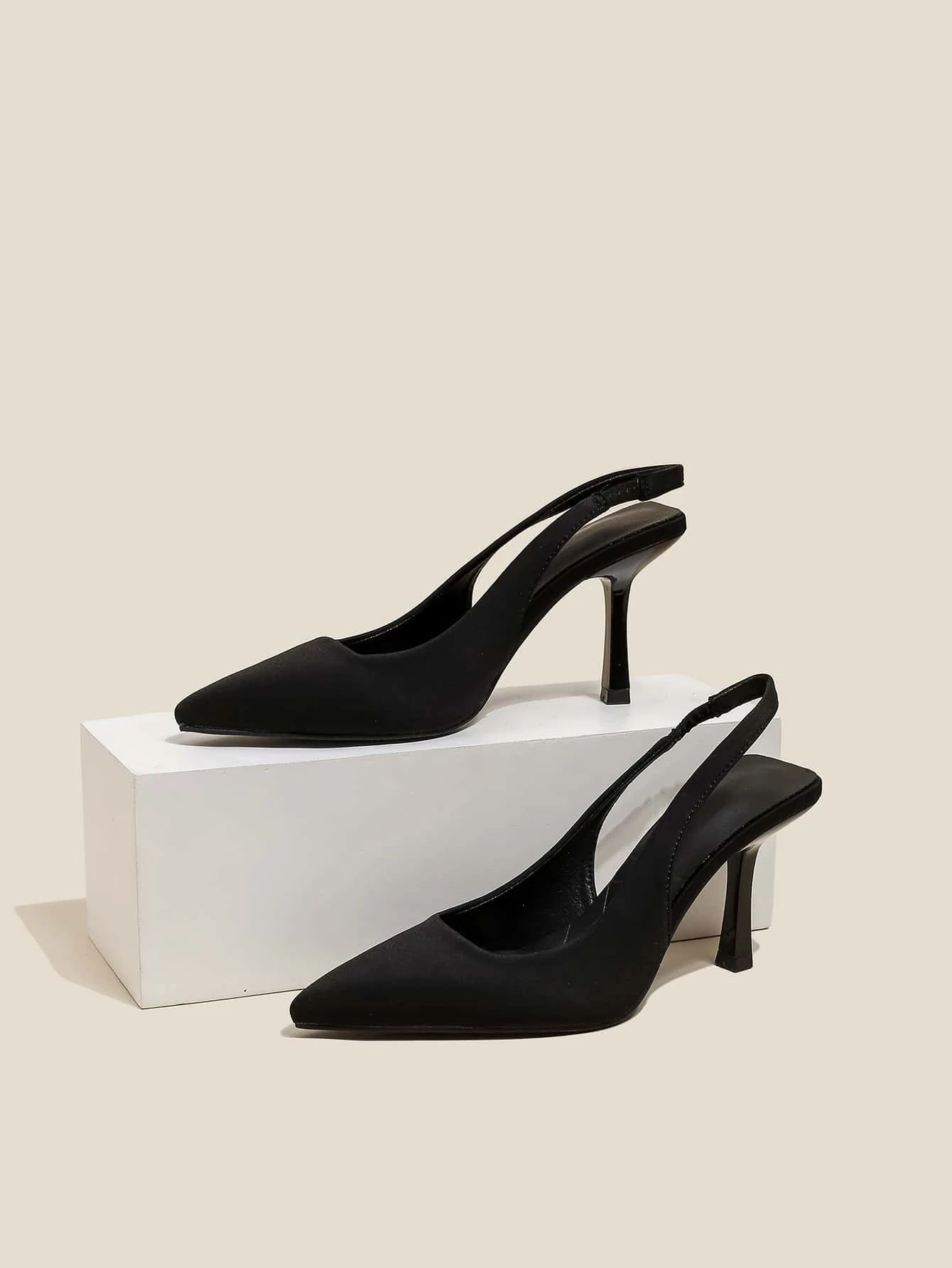 Minimalist Point Toe Stiletto Heeled Slingback Pumps, Black Elegant Solid Color Open Heel | SHEIN