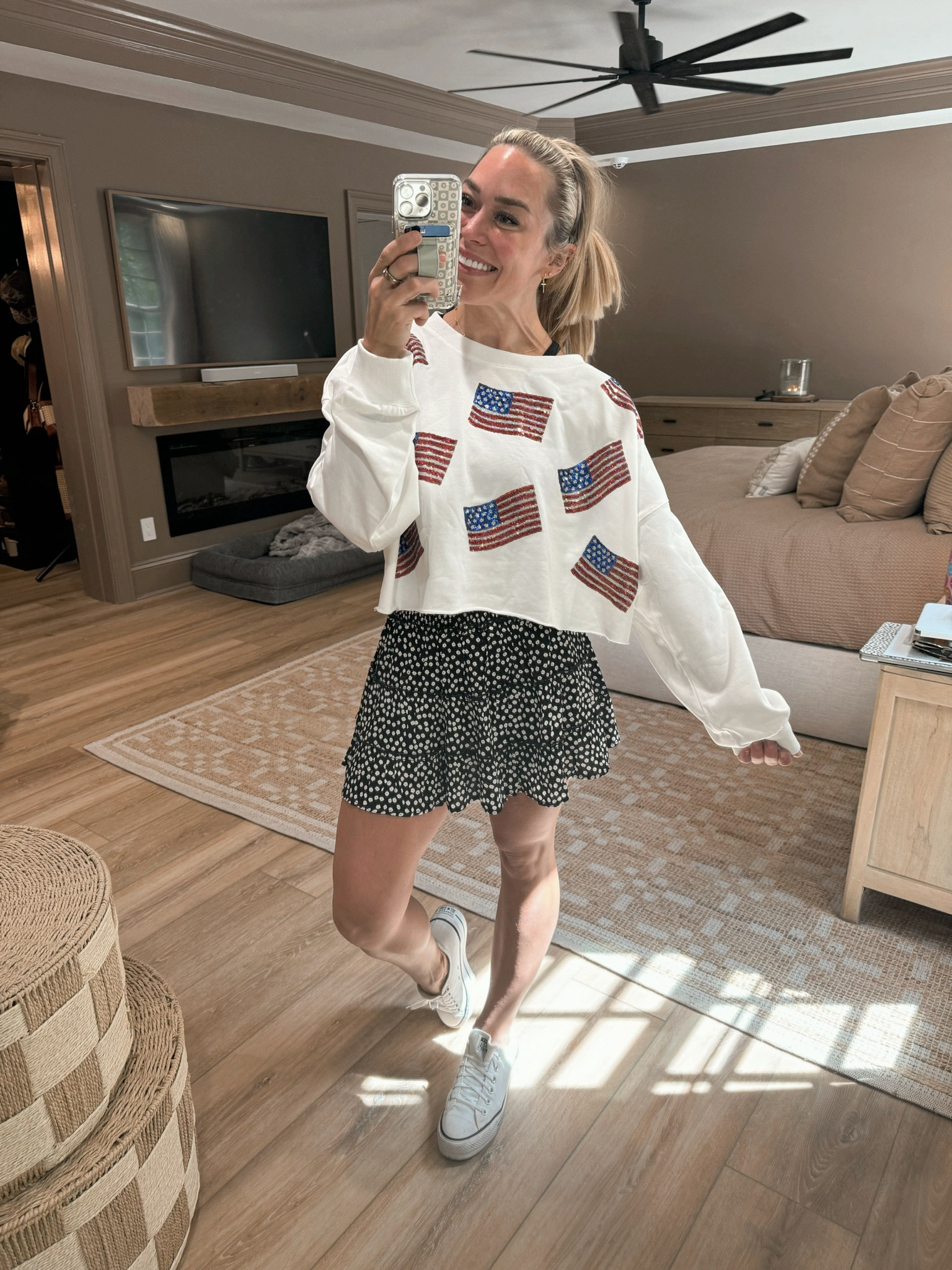 Sparkly flag cropped crew & the best floral SKORT — in a M crew & S skirt! Today is PINK LILY SALE DAY🌿✨🤍 take an extra 30% off w/ my code HOLLEY30🫶🏼 so many cutie finds for summer!! 

Cute outfit / date night / wedges / ootd / outfit inspo / Holley Gabrielle 

#LTKFindsUnder50 #LTKStyleTip #LTKSaleAlert