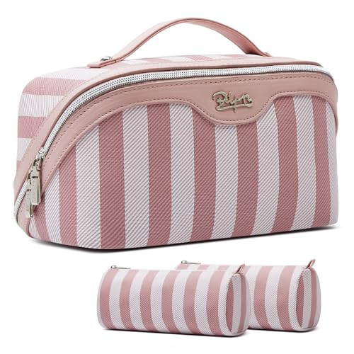 BOYATU Travel Makeup Bag for Women: Large Cosmetic Bag Set of 3 - PU Leather Make up Bag with Compartments - Compact Waterproof Toiletry Bag with Divider & Handle (B-1-Pink) | Amazon (US)