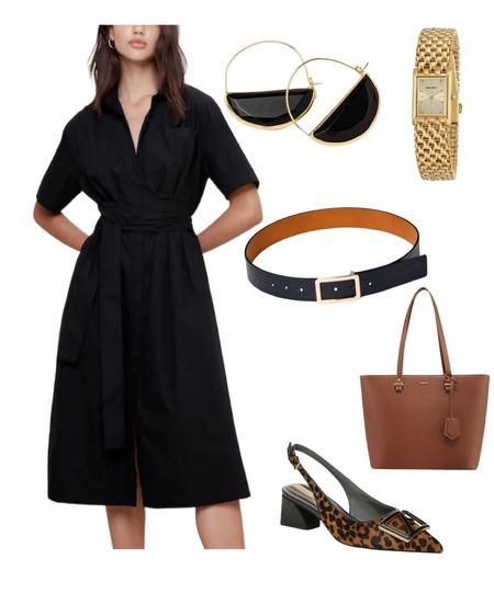 Black shirt dress 
Leopard print heels 
Tote bag 
Gold watch and earrings 

#LTKfindsunder100 #LTKworkwear #LTKstyletip